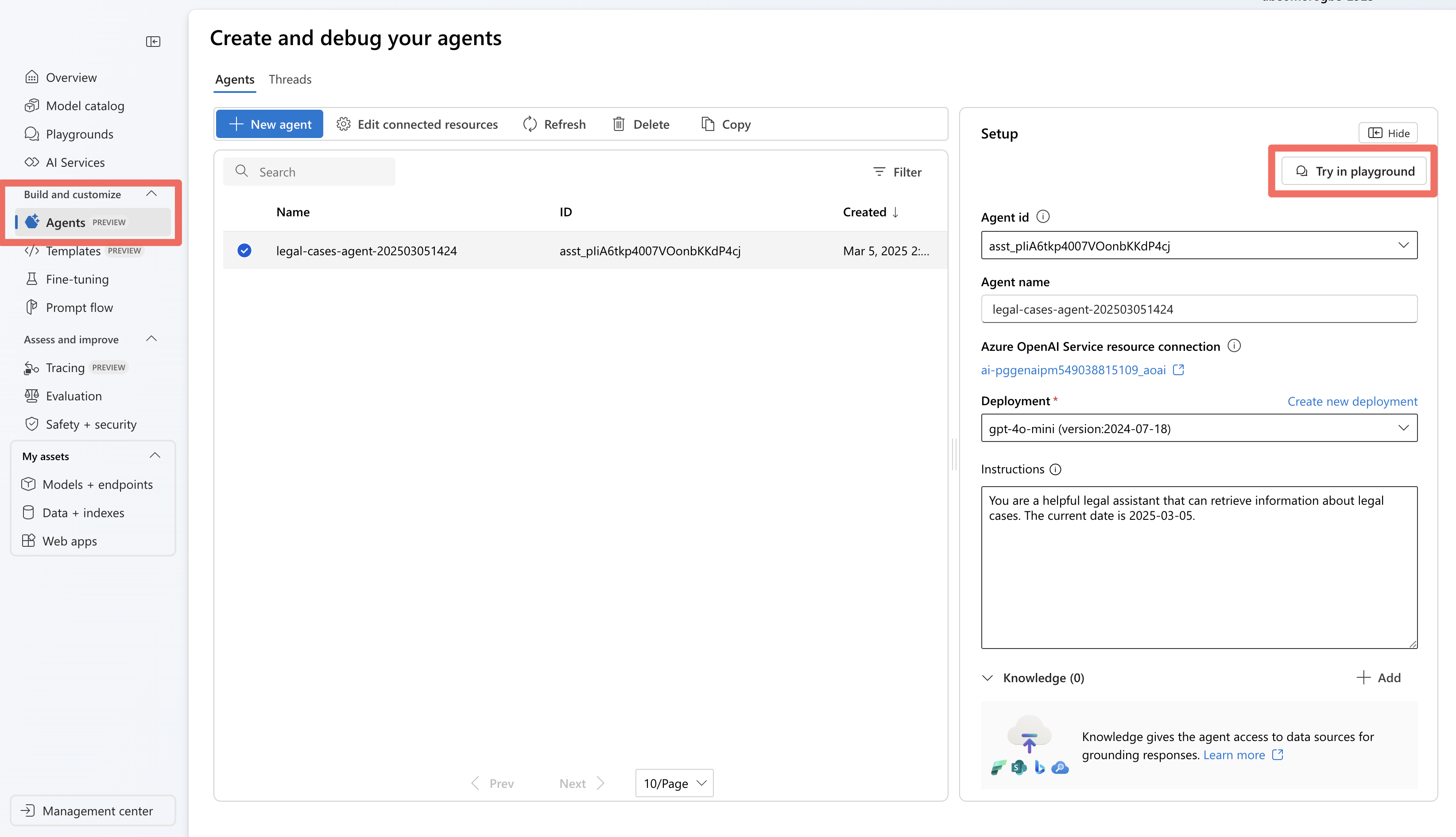 Screenshot that shows selections for finding the agent playground.