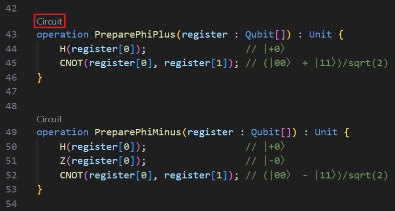 Screenshot of Visual Studio Code that shows how to visualize the circuit of a single Q# operation in a Q# program.