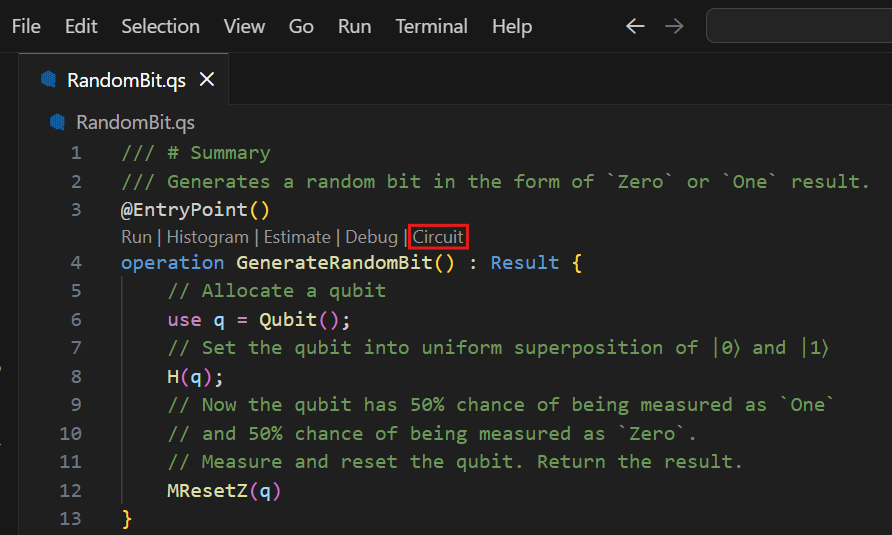 Screenshot of a Q# file in Visual Studio Code that shows where to find the code lens circuit command.