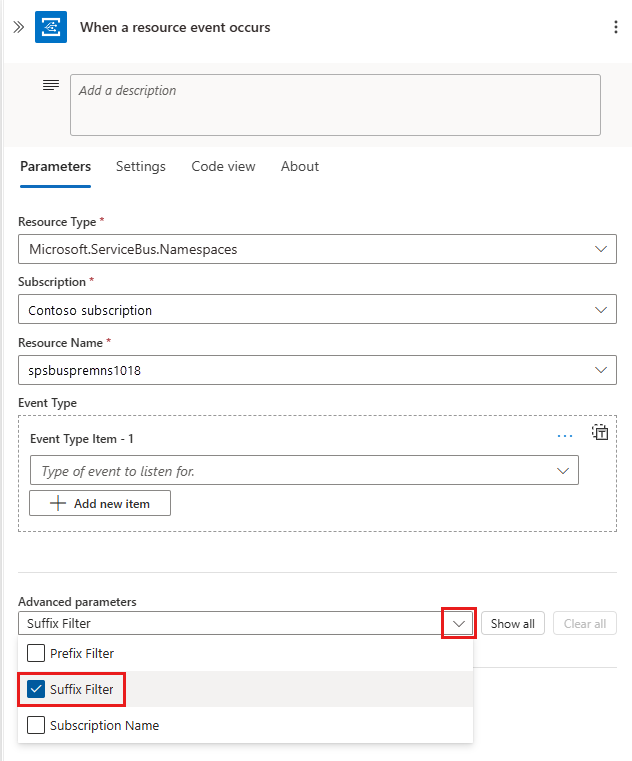 Screenshot that shows adding of a new parameter of type Suffix filter.