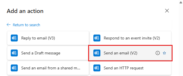 Screenshot that shows the selection of Send an email operation.