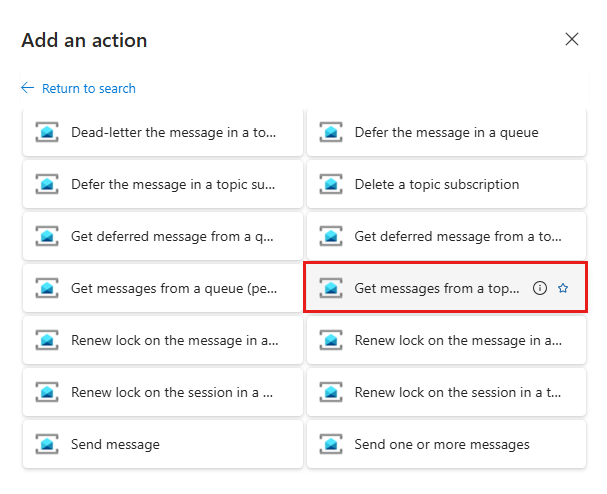 Screenshot that shows the Logic Apps Designer with Get messages from a topic subscription selected.