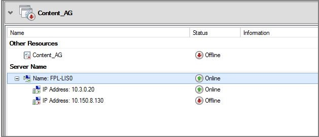 Screenshot of window labeled Content_AG showing server names and statuses.