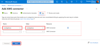 A screen capture showing the Multicloud Connector creation page with the Tags tab selected. A sample key-value pair is shown.