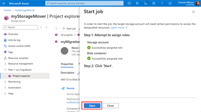A screen capture showing the Migration Job page's Start Job pane.