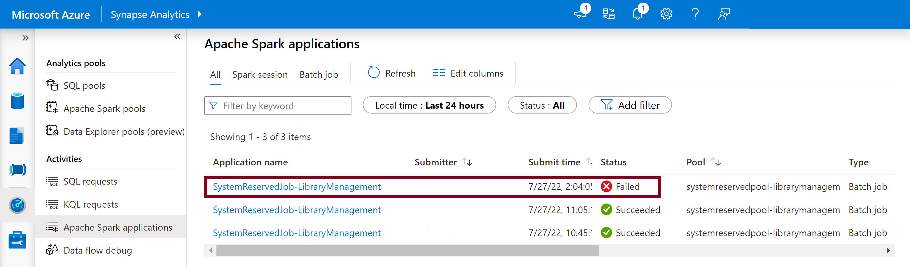 View failed system library job Screenshot that highlights the failed system reserved library job.