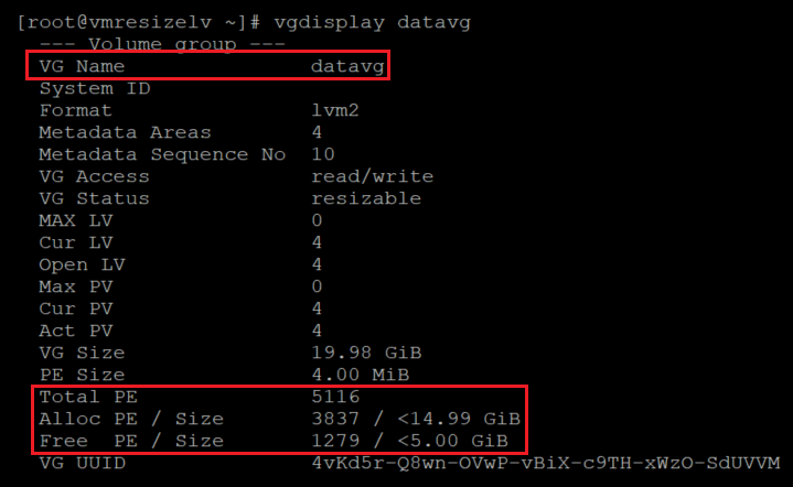 Screenshot showing the code that verifies the size and free space of the volume group with the results highlighted.