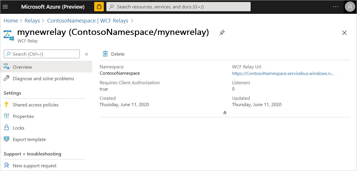Screenshot of the Azure portal where you obtain your WCF relay URI.