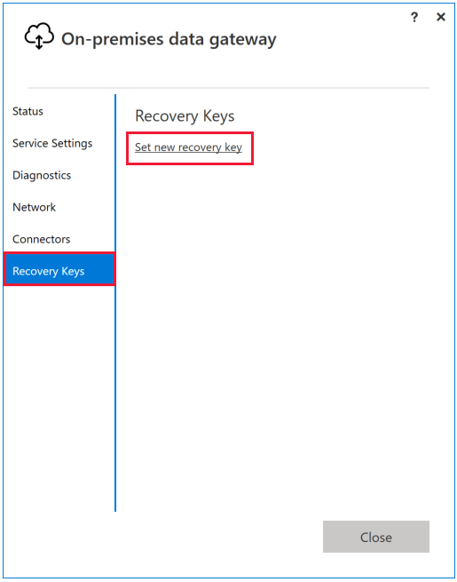 Screenshot of the gateway app with Set new recovery key emphasized.