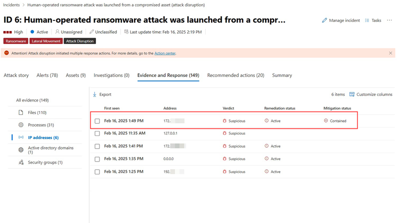 Highlighting a contained IP address in the Evidence and response tab of an incident.