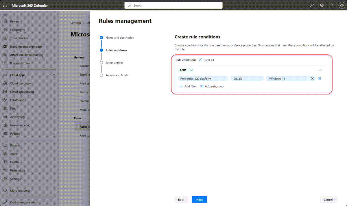 Screenshot of the Rule conditions page