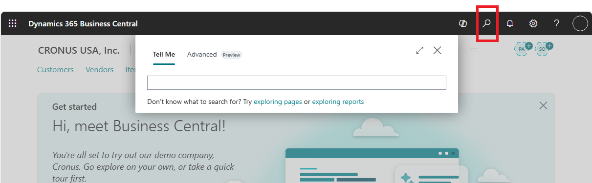 Shows the Tell Me window in the role center