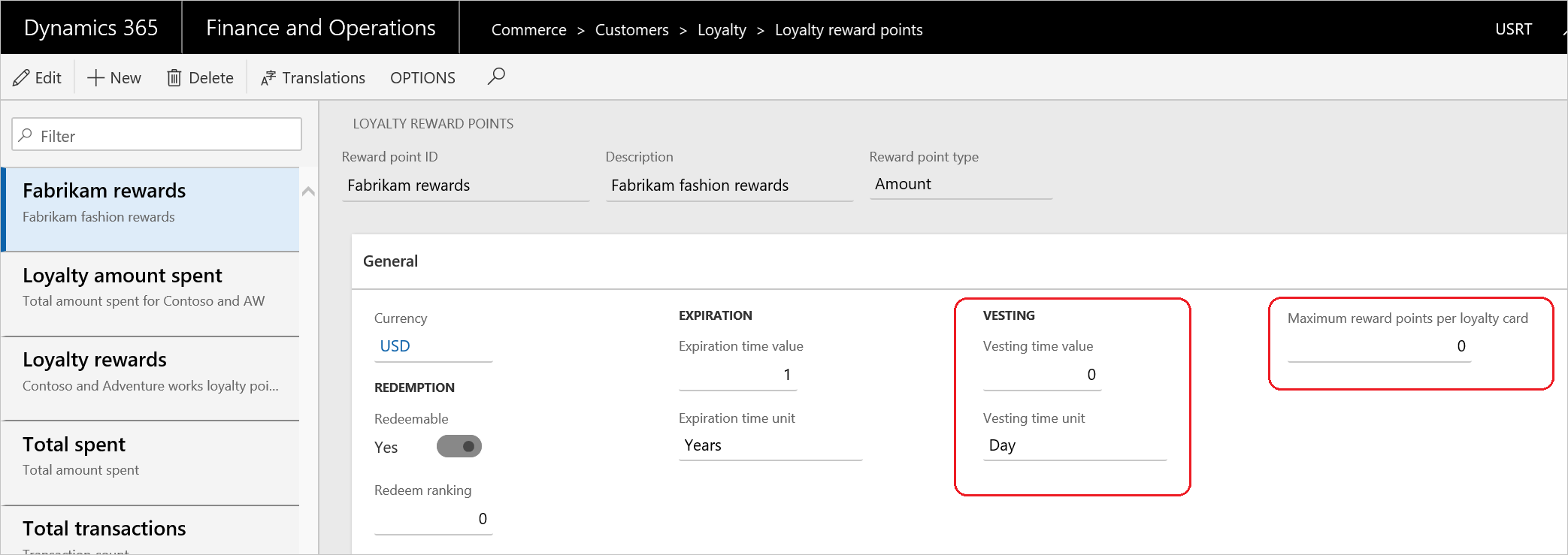 Define vesting and maximum reward points Vesting and maximum reward points.
