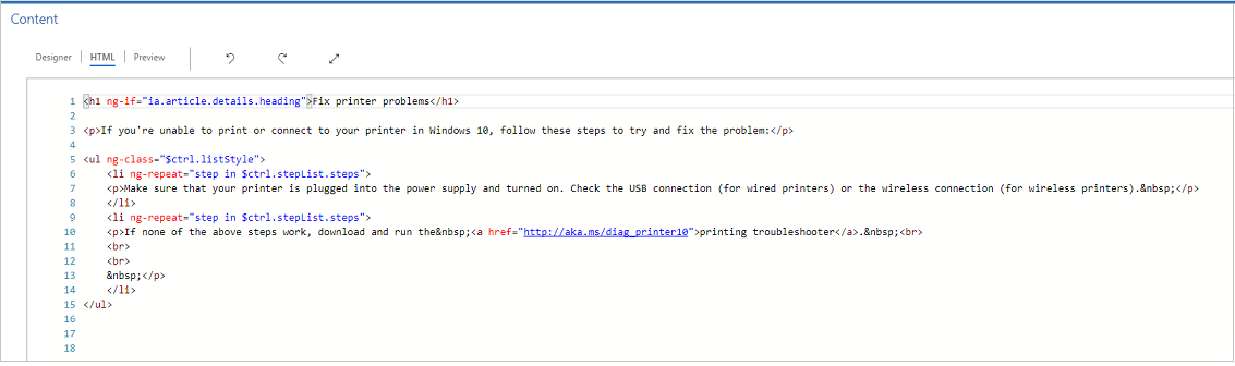 HTML pane in content editor for knowledge article HTML panel.