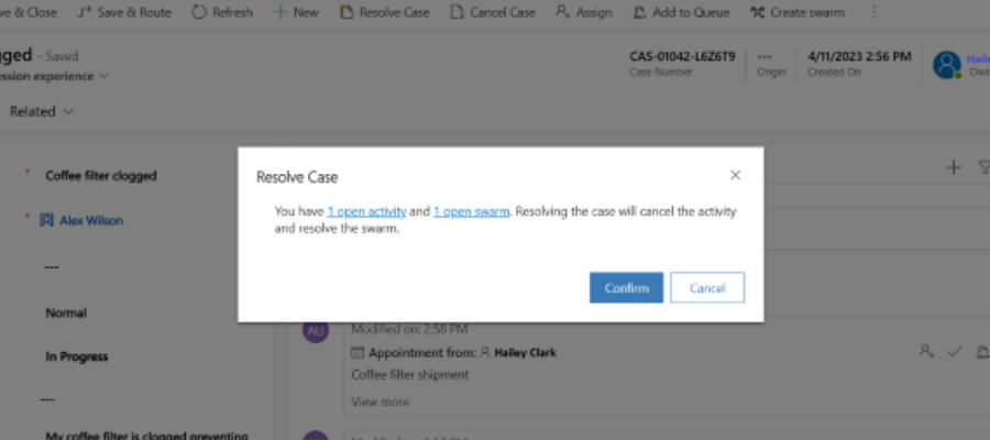 Links to resolve or cancel a case swarm View of resolve case swarm screen.