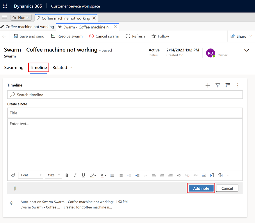 Swarm note created on the timeline View of timeline swarm note.