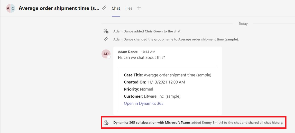 Text that says Dynamics 365 collaboration with Microsoft Teams added a user to a chat Text that says a user was added to a chat.