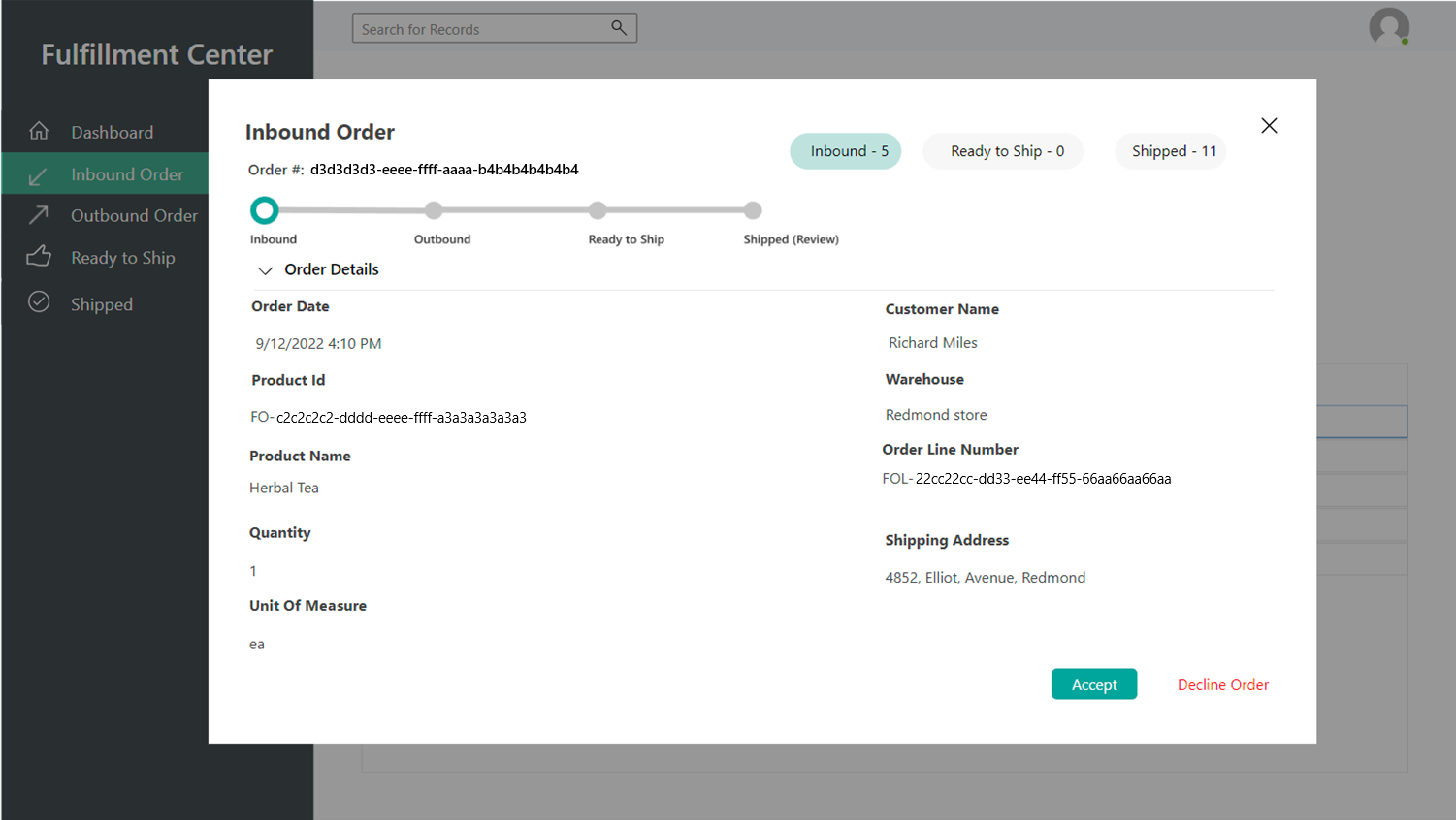 Inbound Order page in the demo fulfillment app.