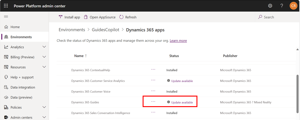 Power Platform admin center highlighting Guides Update available Power Platform admin center Guides update available.