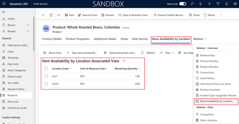 Shows Products page with Items Availability by Location information in Field Service Shows Products page with Items Availability by Location information in Field Service