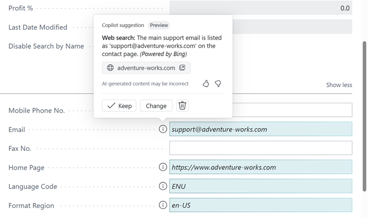 The info tip for an address field revealing how Copilot identified a suggestion. The info tip for an address field revealing how Copilot identified a suggestion.