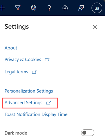 Screenshot of Advanced Settings link in the site map.