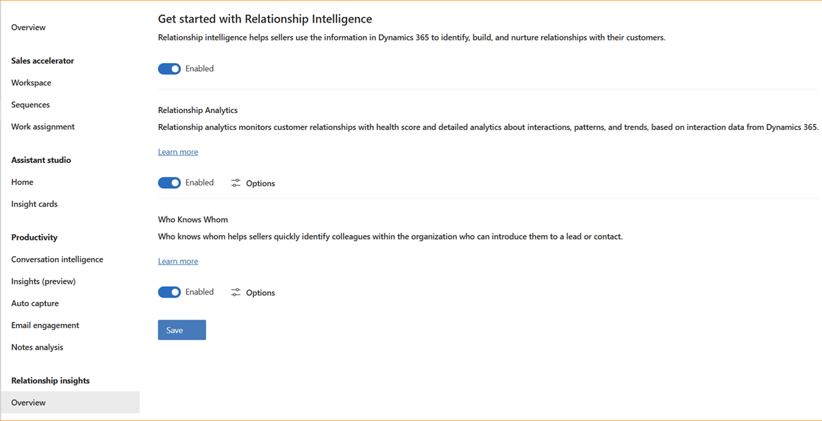 A screenshot of the Overview page to enable the relationship intelligence features