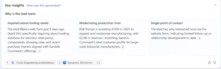 Screenshot of the Key insights section of the Lead research page in research and engage mode.