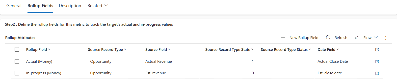 A screenshot of the rollup fields for the revenue goal metric