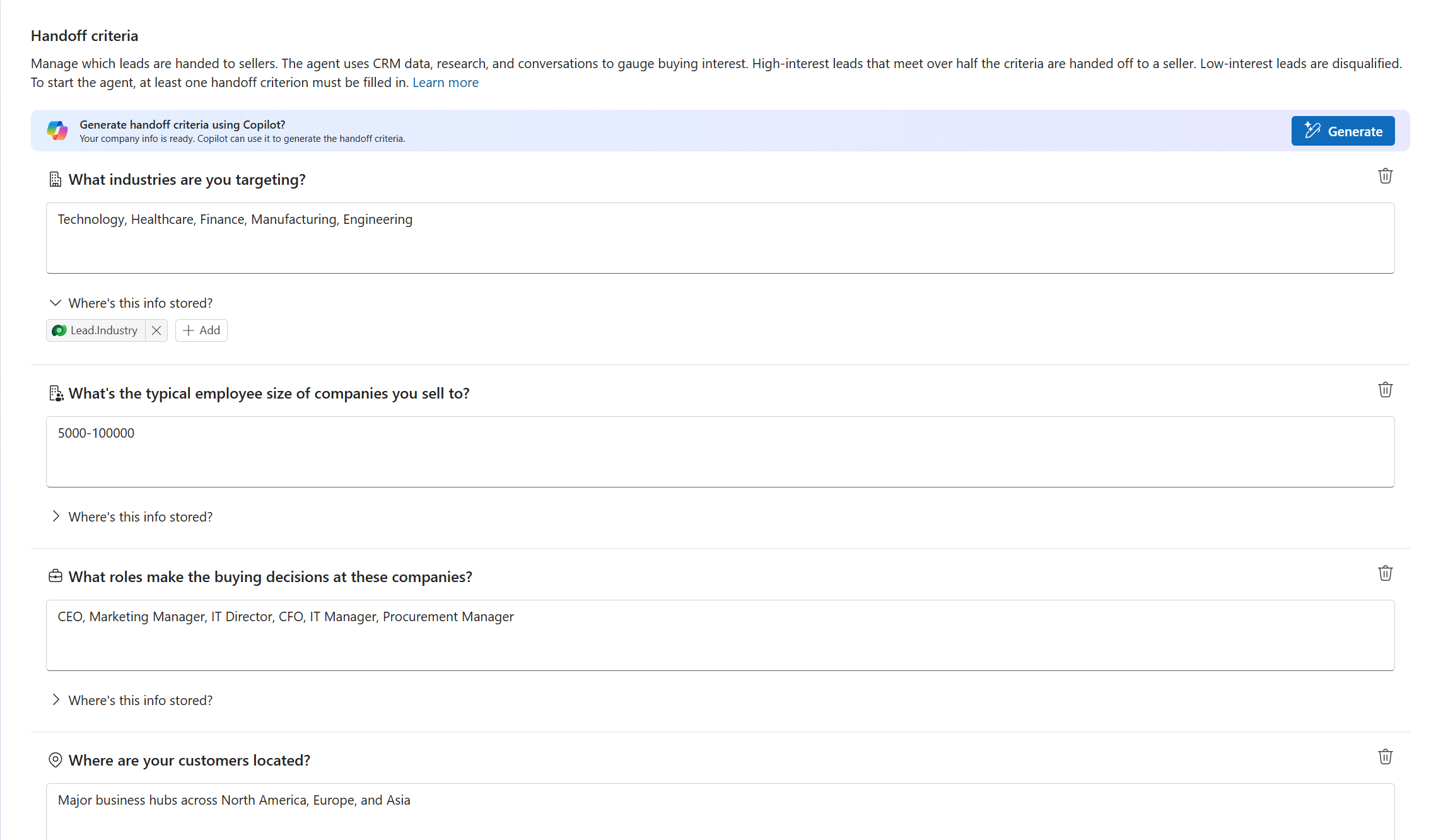 Screenshot of the target customer profile configuration in Sales Qualification Agent settings.