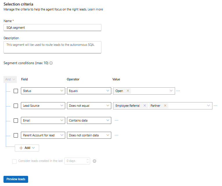 Screenshot of the Sales Qualification Agent settings page with selection criteria highlighted.