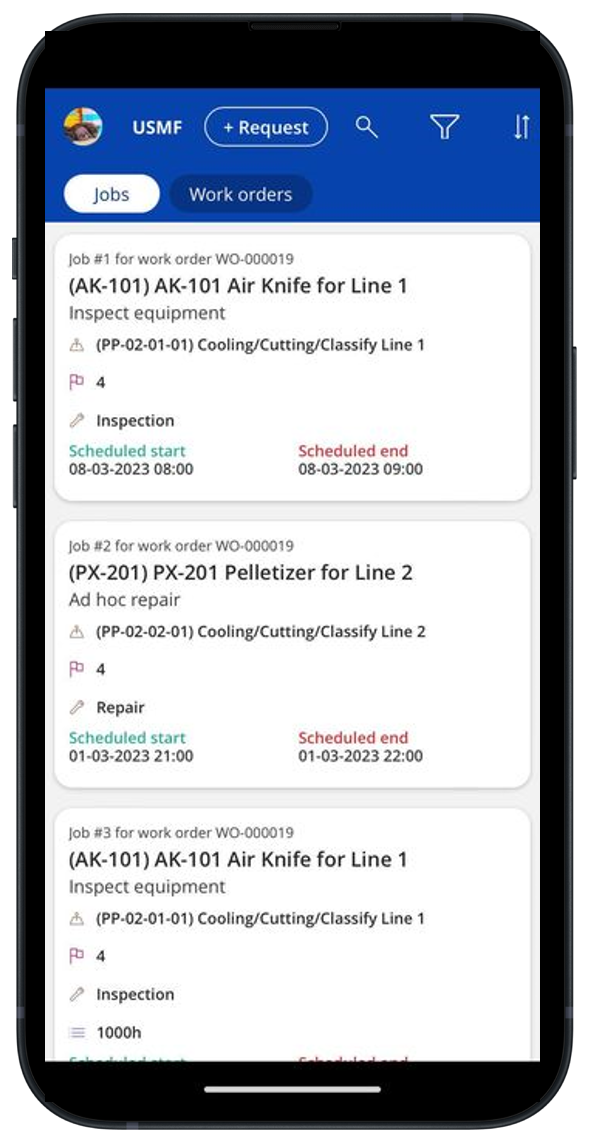 Job list for a work order in the Asset Management mobile app Job list for a work order in the Asset Management mobile app.