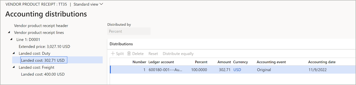 Example of accounting distributions that include landed costs Example of accounting distributions that include landed costs.