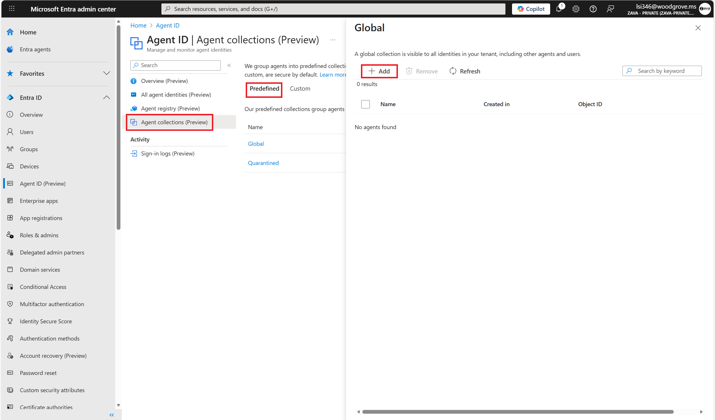 Screenshot of view showing how to add agents to a predefined collection.