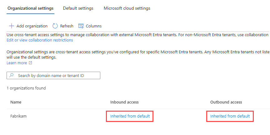 Screenshot showing an organization added with default settings.
