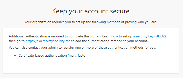 Screenshot of a sign-in error when a user can't register a method.