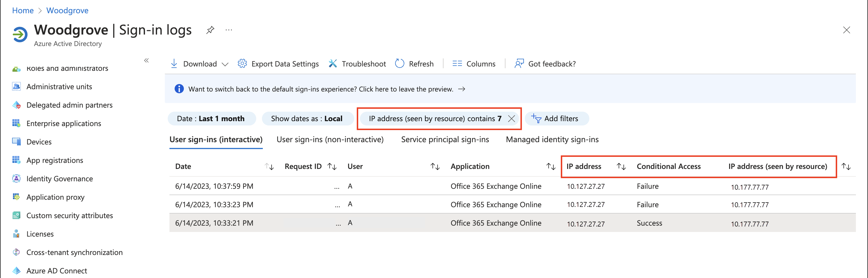 Screenshot showing an example of how to find more information in the sign-in logs.