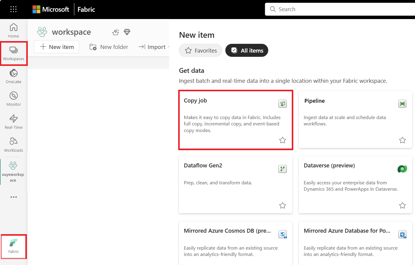 Screenshot showing where to navigate to the Data Factory home page and create a new Copy job.