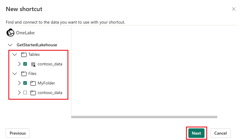 Screenshot of the New shortcut window showing the data in the lakehouse.