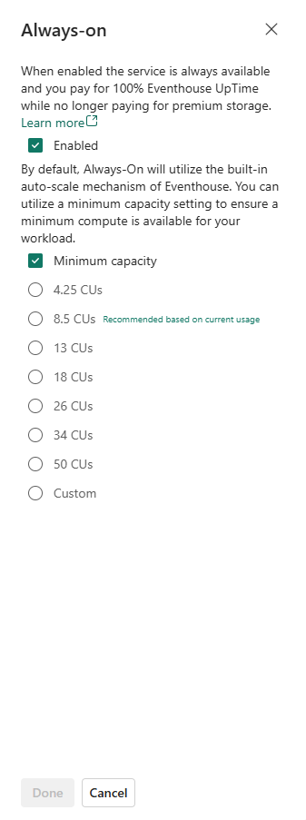 Screenshot showing how to select the correct minimum consumption in Real-Time Intelligence Eventhouse.