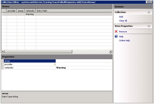 Screenshot of the Collection Editor window. The Item pane shows a warning. The properties pane shows a warning.