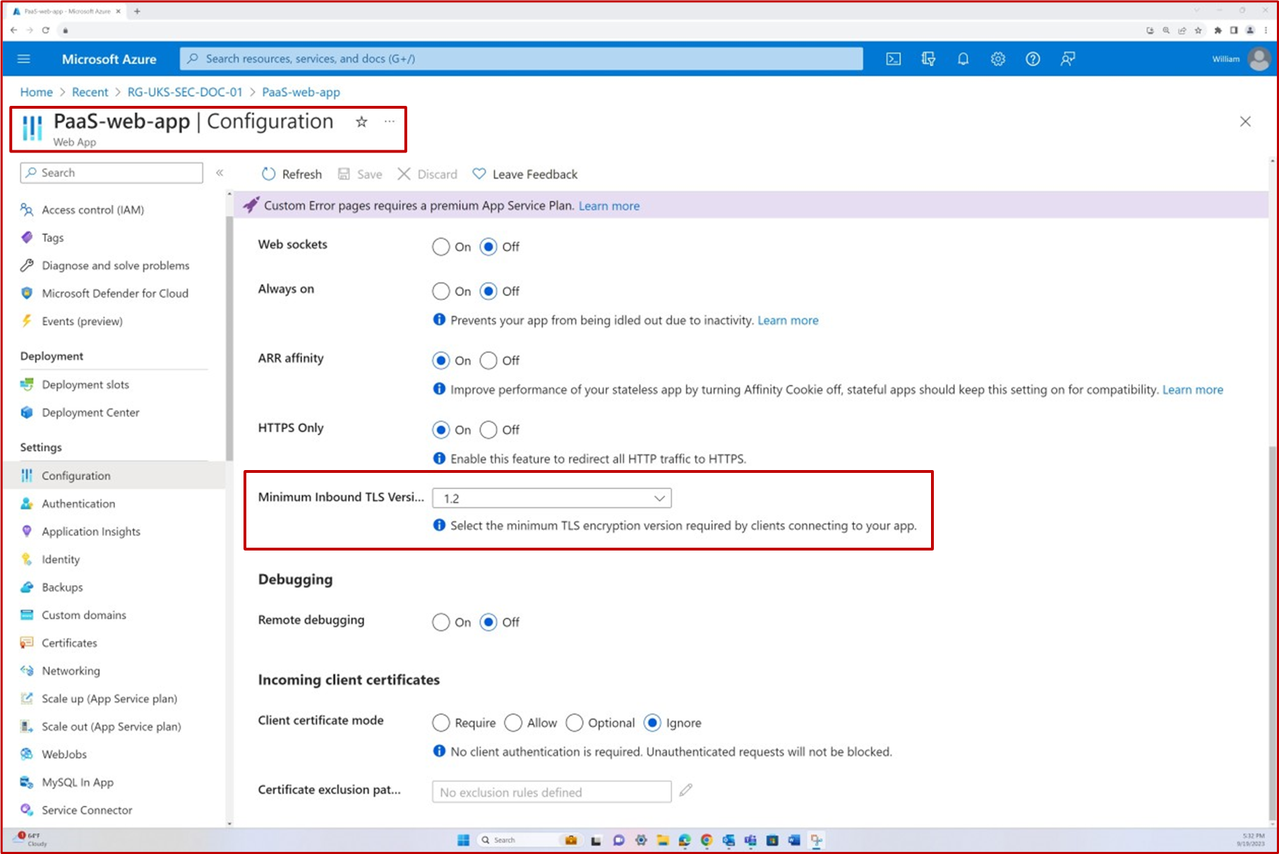 Azure web app configuration settings with minimum TLS version highlighted