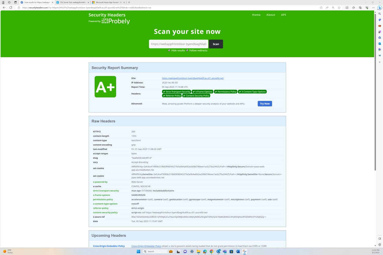 Security report summary headers scan showing an A+ score.