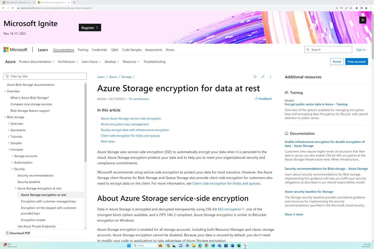 Microsoft learn Azure storage encryption for data at rest document.