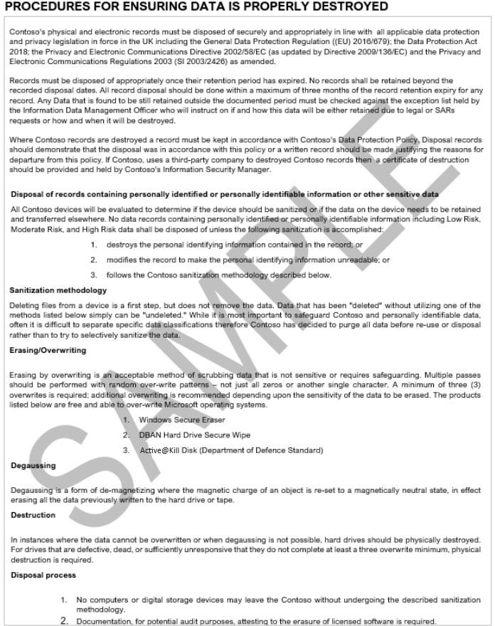Procedures for ensuring data is properly destroyed policy document.