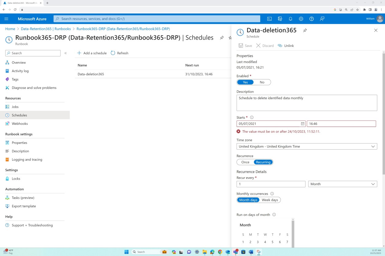 Azure Schedules Runbook365 Data retention settings.