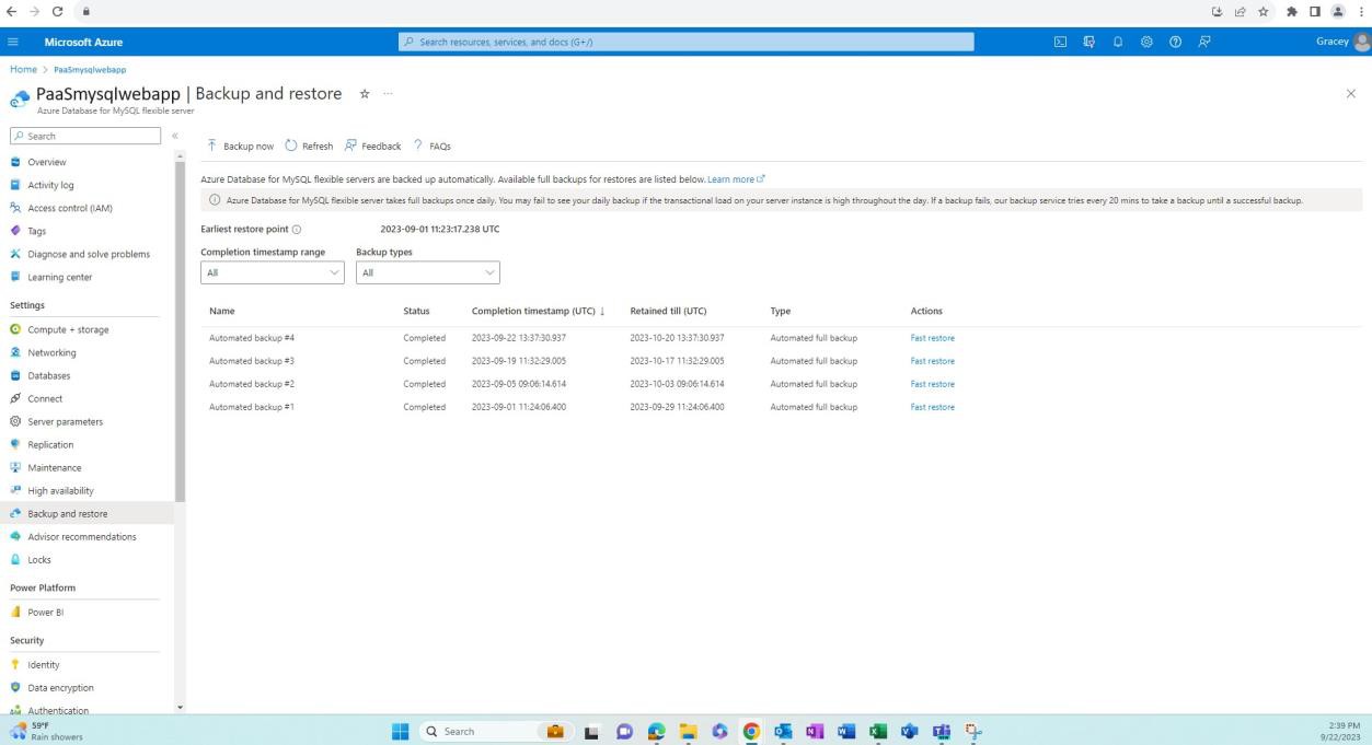 Azure backup and restore settings overview.