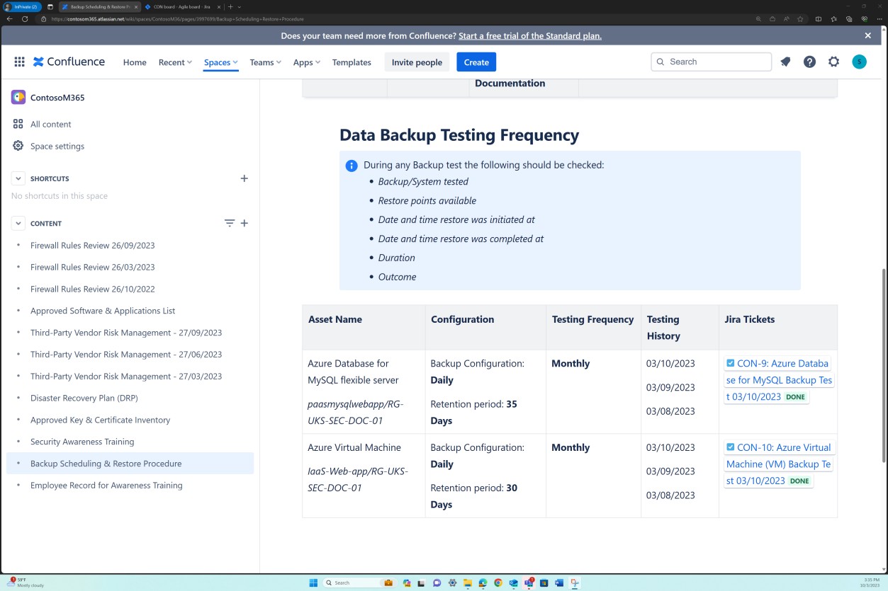 Confluence backup settings testing frequency.