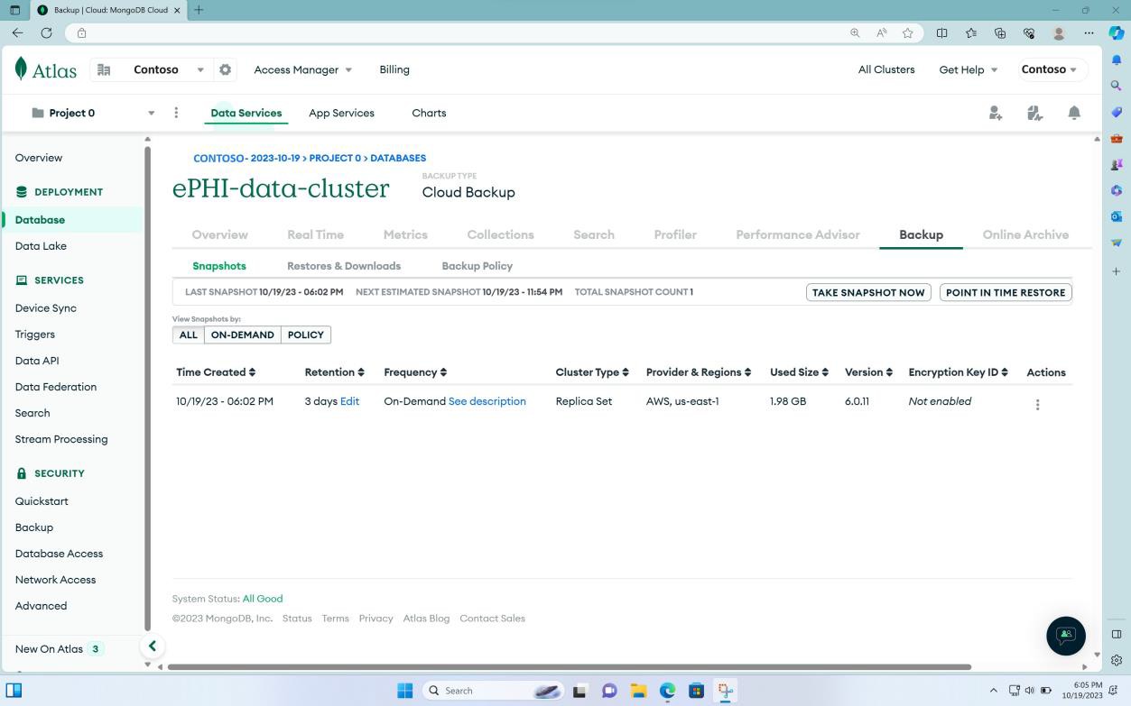 MongoDB Cloud Data Services page with ePHI data cluster backup dashboard with view filters.