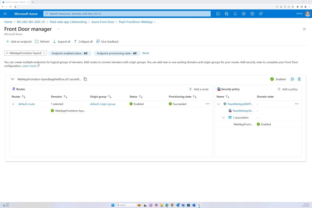 Azure Front Door manager with routes and security policy.